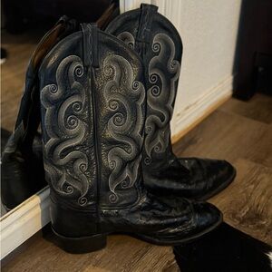 Tony Lama Black Boots with Intricate Silver Design